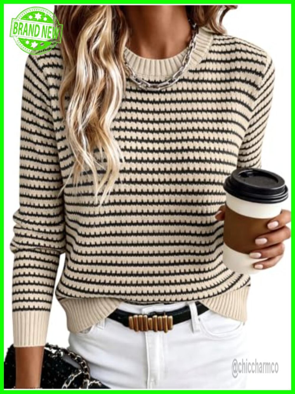 Womens Fall Long Sleeve Striped Crochet Knit Sweater Pullover